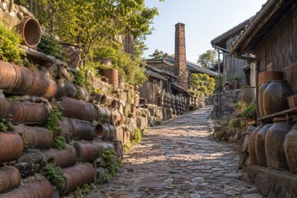 AI-generated illustration of a pottery lane with earthenware pipes, clay jars and a brick kiln chimney, inspired by Tokoname in Aichi, Japan.