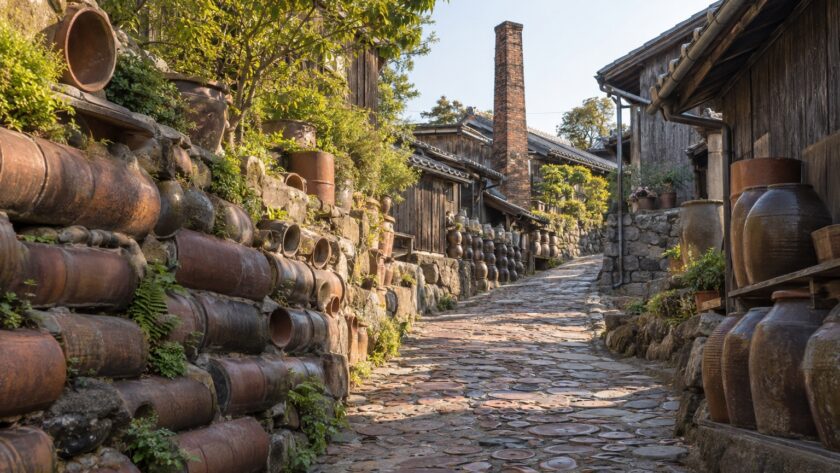 AI-generated illustration of a pottery lane with earthenware pipes, clay jars and a brick kiln chimney, inspired by Tokoname in Aichi, Japan.