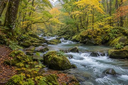 AI-generated illustration of a forest stream and mossy rocks inspired by Oirase Gorge, Aomori.