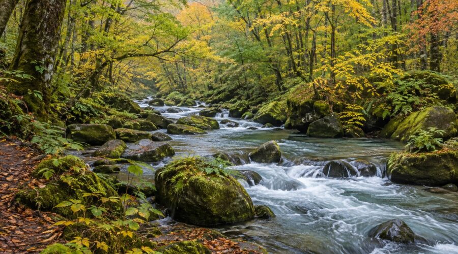 AI-generated illustration of a forest stream and mossy rocks inspired by Oirase Gorge, Aomori.