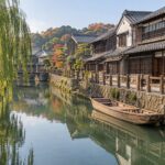 AI-generated illustration of a canal, wooden merchant houses and a moored boat, inspired by Sawara in Chiba, Japan.