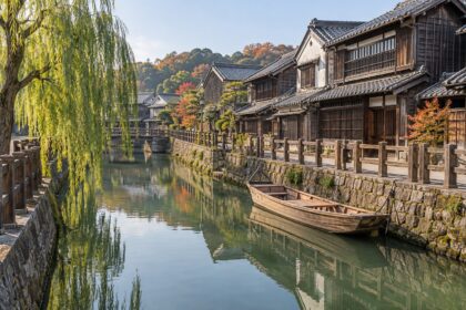 AI-generated illustration of a canal, wooden merchant houses and a moored boat, inspired by Sawara in Chiba, Japan.