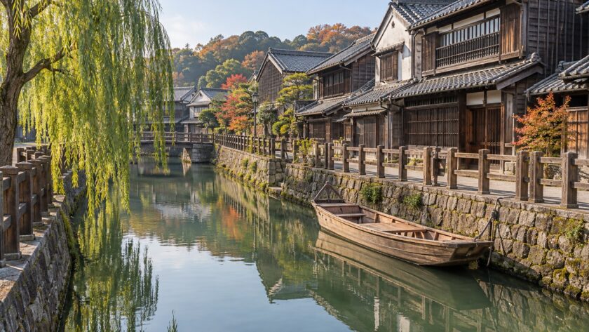 AI-generated illustration of a canal, wooden merchant houses and a moored boat, inspired by Sawara in Chiba, Japan.
