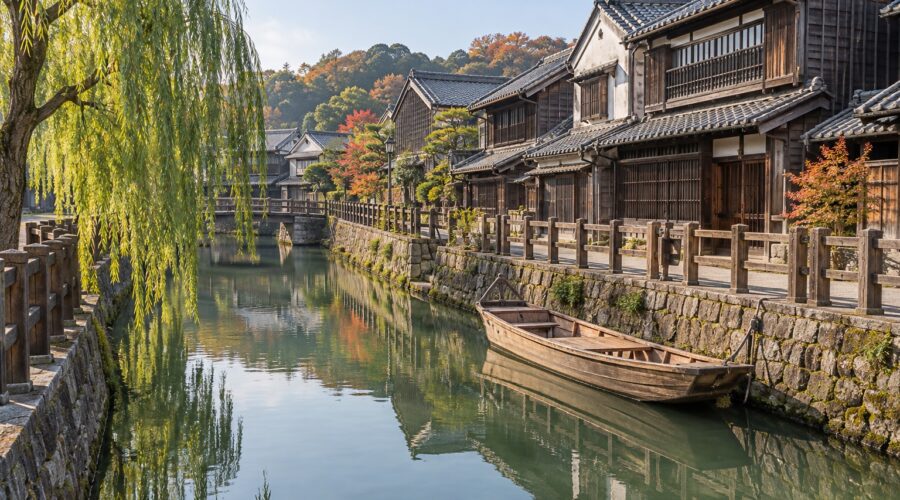 AI-generated illustration of a canal, wooden merchant houses and a moored boat, inspired by Sawara in Chiba, Japan.