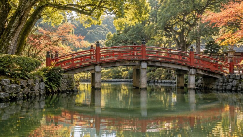AI-generated illustration of a red arched bridge reflected in a tree-lined pond, inspired by Dazaifu Tenmangu.