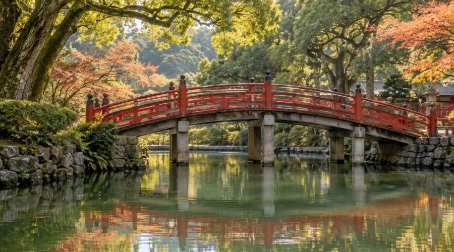 AI-generated illustration of a red arched bridge reflected in a tree-lined pond, inspired by Dazaifu Tenmangu.