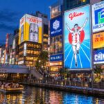 AI-generated photo-style illustration of Dotonbori Canal at blue hour, with the Glico running-man sign and colorful reflections in the water.