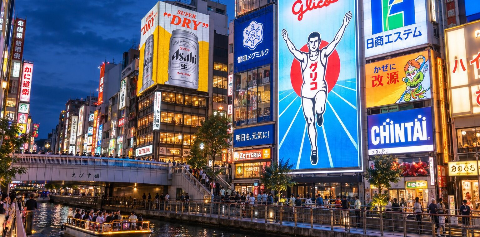 AI-generated photo-style illustration of Dotonbori Canal at blue hour, with the Glico running-man sign and colorful reflections in the water.