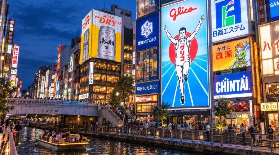 AI-generated photo-style illustration of Dotonbori Canal at blue hour, with the Glico running-man sign and colorful reflections in the water.