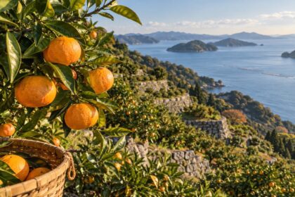 AI-generated illustration of ripe mandarins and terraced citrus orchards above a blue sea, inspired by the coast of Ehime, Japan.