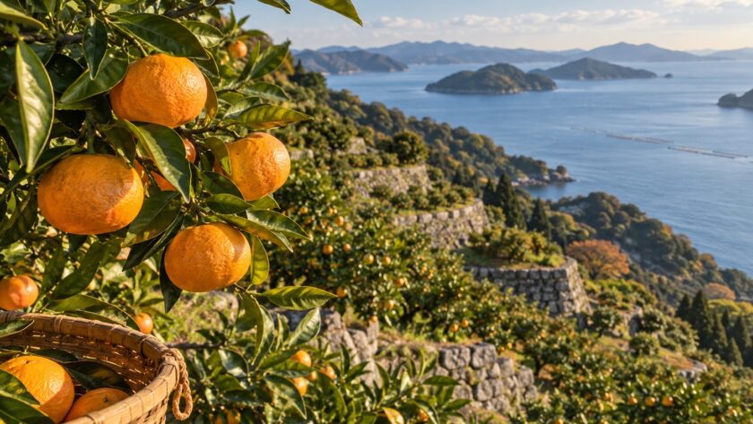 AI-generated illustration of ripe mandarins and terraced citrus orchards above a blue sea, inspired by the coast of Ehime, Japan.