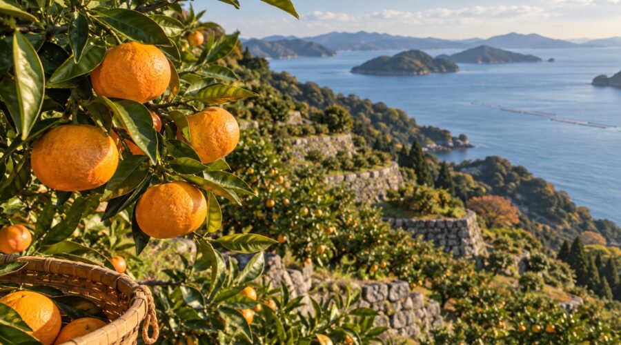 AI-generated illustration of ripe mandarins and terraced citrus orchards above a blue sea, inspired by the coast of Ehime, Japan.