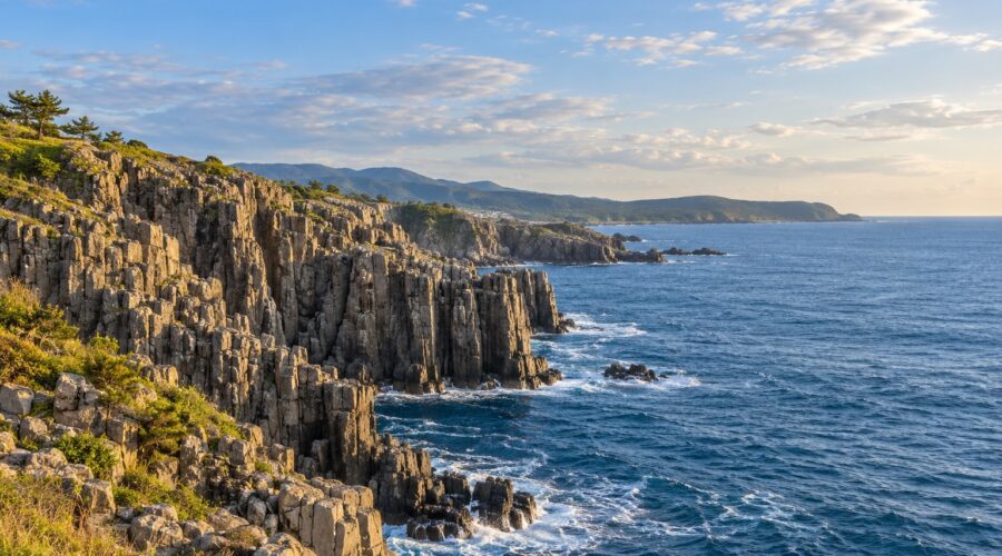 AI-generated illustration of columnar coastal cliffs and blue sea, inspired by Tojinbo in Fukui, Japan.