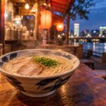 AI-generated illustration of Hakata-style tonkotsu ramen on a lantern-lit food stall counter at dusk, inspired by Fukuoka's yatai culture.