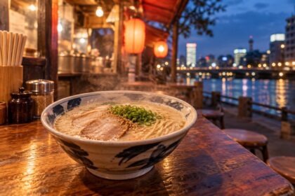 AI-generated illustration of Hakata-style tonkotsu ramen on a lantern-lit food stall counter at dusk, inspired by Fukuoka's yatai culture.