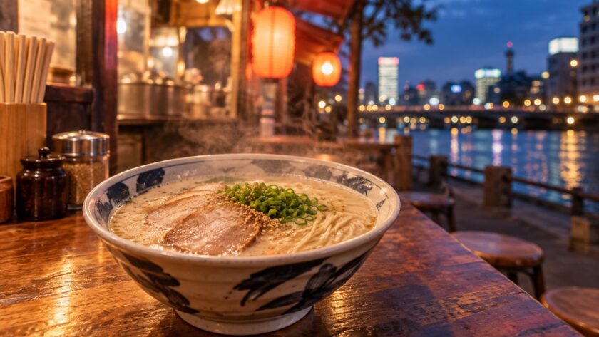 AI-generated illustration of Hakata-style tonkotsu ramen on a lantern-lit food stall counter at dusk, inspired by Fukuoka's yatai culture.