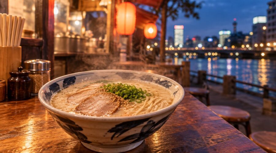 AI-generated illustration of Hakata-style tonkotsu ramen on a lantern-lit food stall counter at dusk, inspired by Fukuoka's yatai culture.
