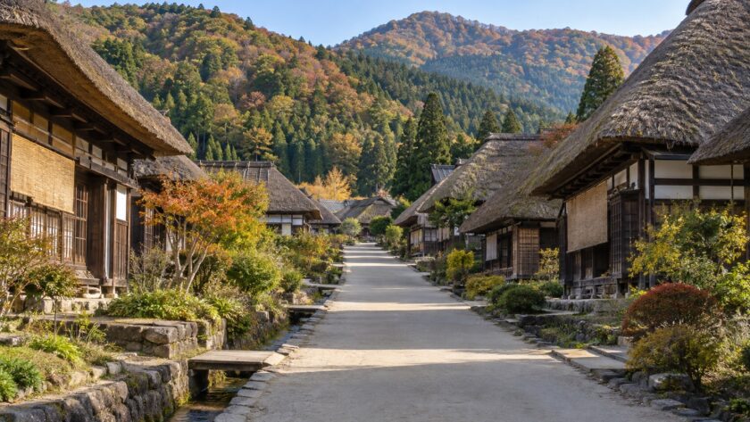 AI-generated illustration of thatched-roof houses beside a quiet village lane, inspired by Ouchi-juku, Fukushima, in autumn.