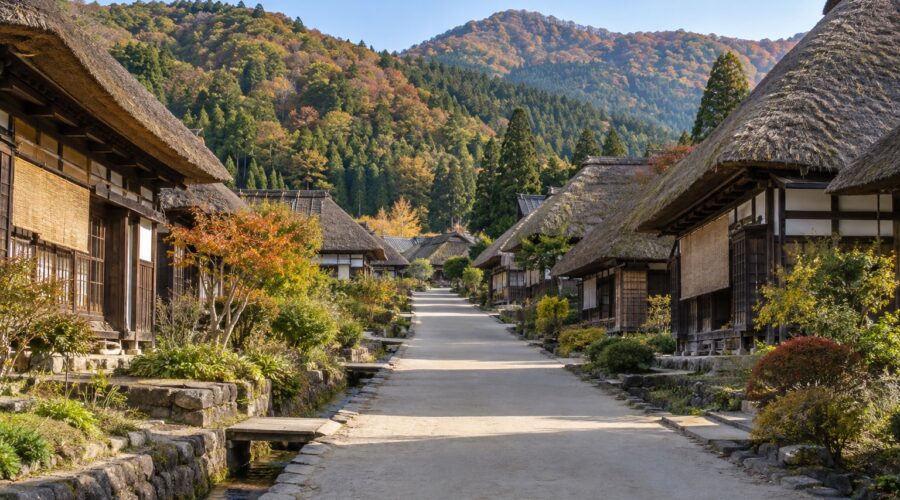 AI-generated illustration of thatched-roof houses beside a quiet village lane, inspired by Ouchi-juku, Fukushima, in autumn.