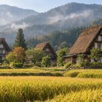 AI-generated illustration of steep thatched farmhouses beside golden rice fields and misty mountains, inspired by Shirakawa-go in Gifu, Japan.