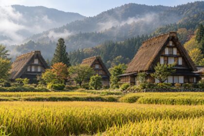 AI-generated illustration of steep thatched farmhouses beside golden rice fields and misty mountains, inspired by Shirakawa-go in Gifu, Japan.