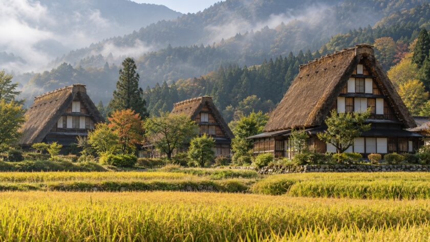 AI-generated illustration of steep thatched farmhouses beside golden rice fields and misty mountains, inspired by Shirakawa-go in Gifu, Japan.
