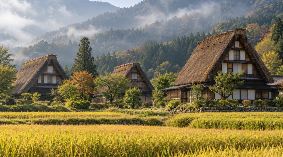 AI-generated illustration of steep thatched farmhouses beside golden rice fields and misty mountains, inspired by Shirakawa-go in Gifu, Japan.