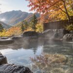 AI-generated illustration of a steaming stone outdoor bath with autumn foliage, inspired by Gunma, Japan.