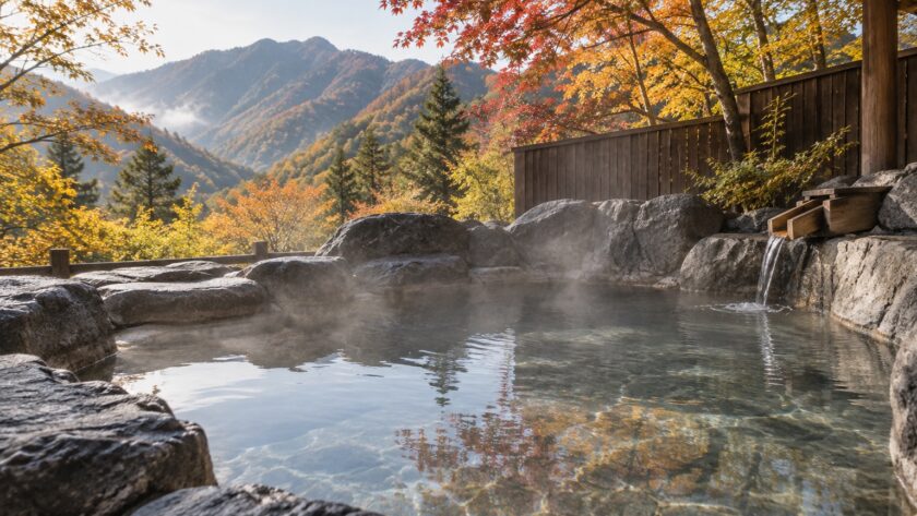 AI-generated illustration of a steaming stone outdoor bath with autumn foliage, inspired by Gunma, Japan.