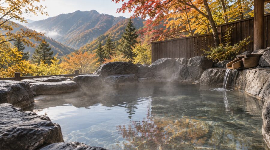 AI-generated illustration of a steaming stone outdoor bath with autumn foliage, inspired by Gunma, Japan.