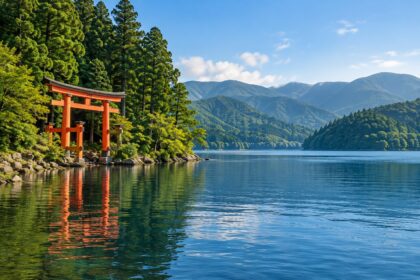 AI-generated illustration inspired by Lake Ashi in Hakone, with a red torii gate, blue water, and forested hills