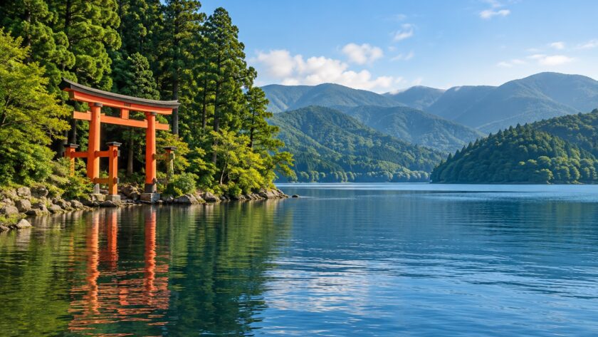AI-generated illustration inspired by Lake Ashi in Hakone, with a red torii gate, blue water, and forested hills