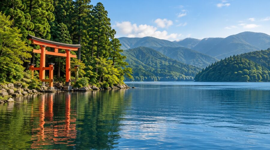 AI-generated illustration inspired by Lake Ashi in Hakone, with a red torii gate, blue water, and forested hills