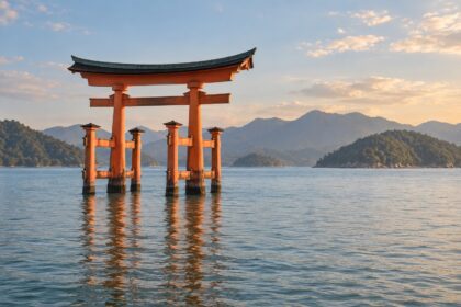 AI-generated illustration of a vermilion torii gate standing in calm sea water with distant wooded hills, inspired by Miyajima in Hiroshima.