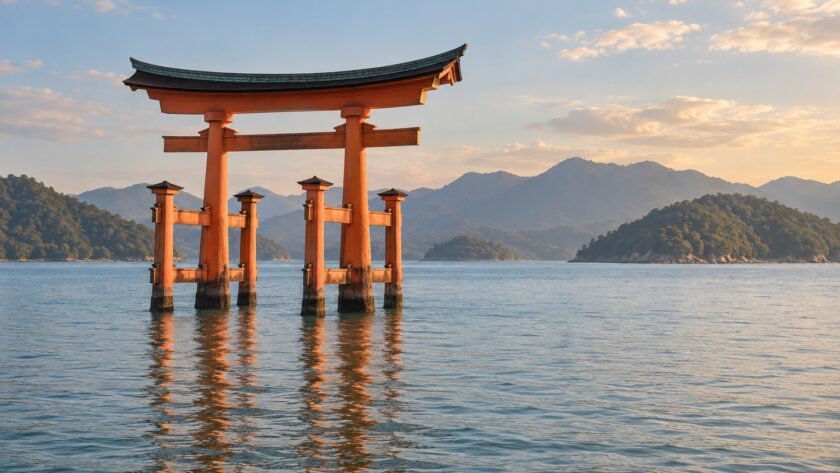 AI-generated illustration of a vermilion torii gate standing in calm sea water with distant wooded hills, inspired by Miyajima in Hiroshima.