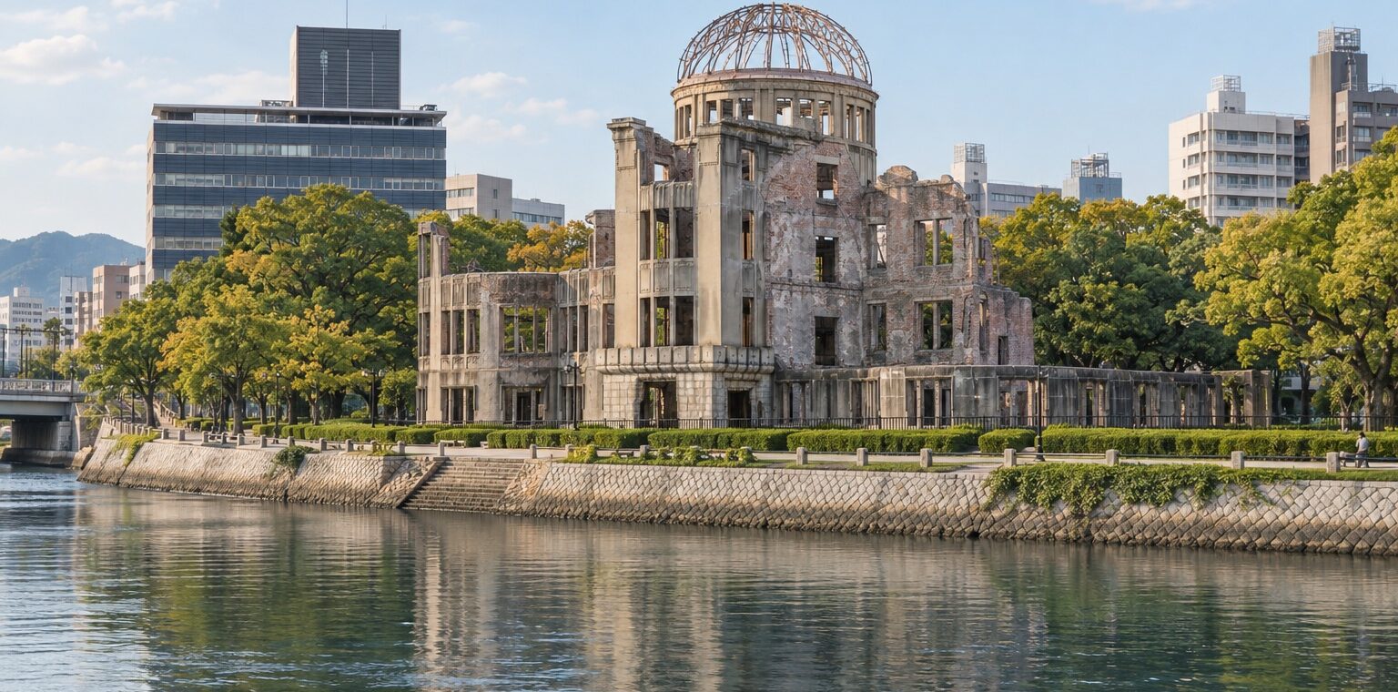 AI-generated illustration of the Atomic Bomb Dome beside the Motoyasu River in present-day Hiroshima.