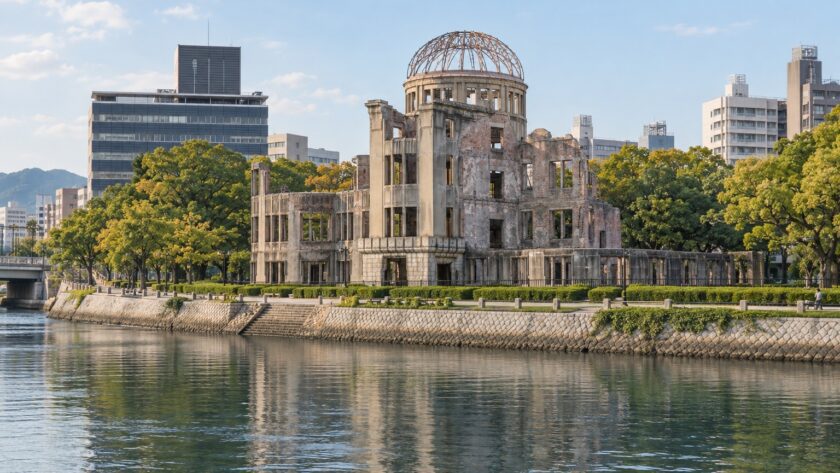 AI-generated illustration of the Atomic Bomb Dome beside the Motoyasu River in present-day Hiroshima.