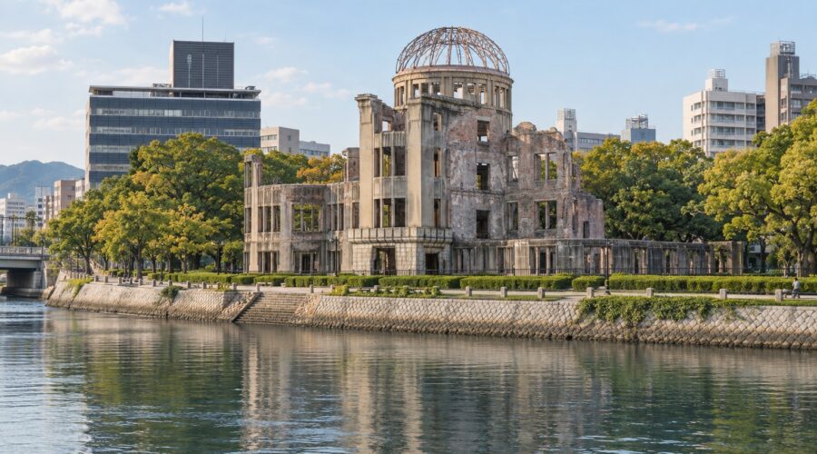 AI-generated illustration of the Atomic Bomb Dome beside the Motoyasu River in present-day Hiroshima.