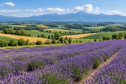 AI-generated illustration of lavender fields and rolling farmland inspired by Furano and Biei, Hokkaido.