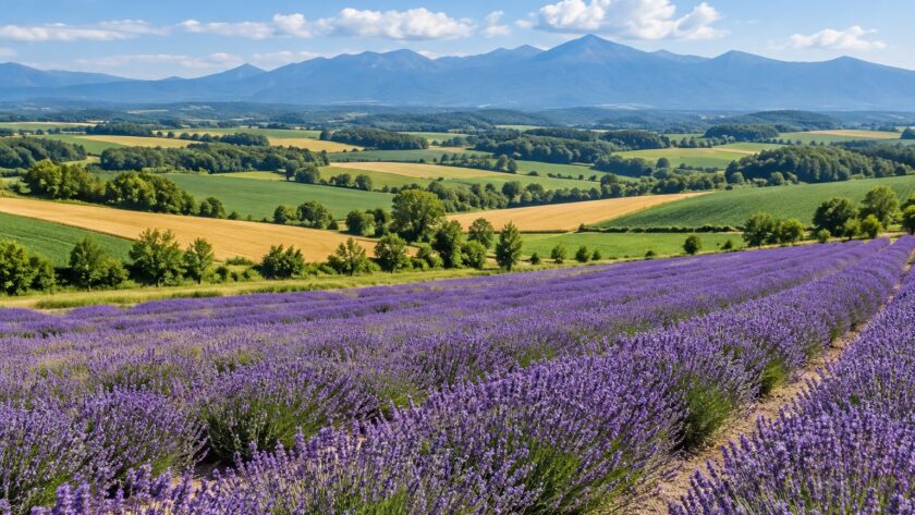 AI-generated illustration of lavender fields and rolling farmland inspired by Furano and Biei, Hokkaido.