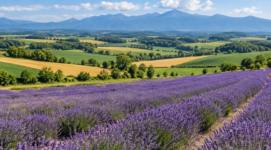 AI-generated illustration of lavender fields and rolling farmland inspired by Furano and Biei, Hokkaido.