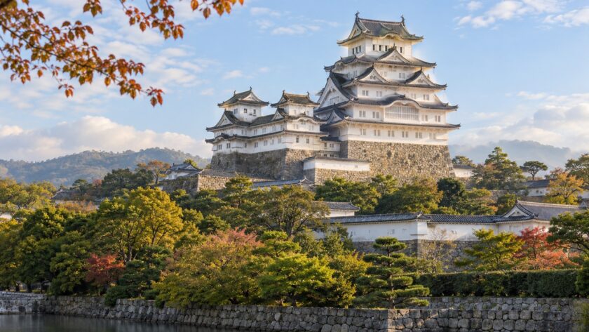 AI-generated illustration of a white Japanese castle with layered tiled roofs and stone walls, inspired by Himeji Castle in Hyogo.