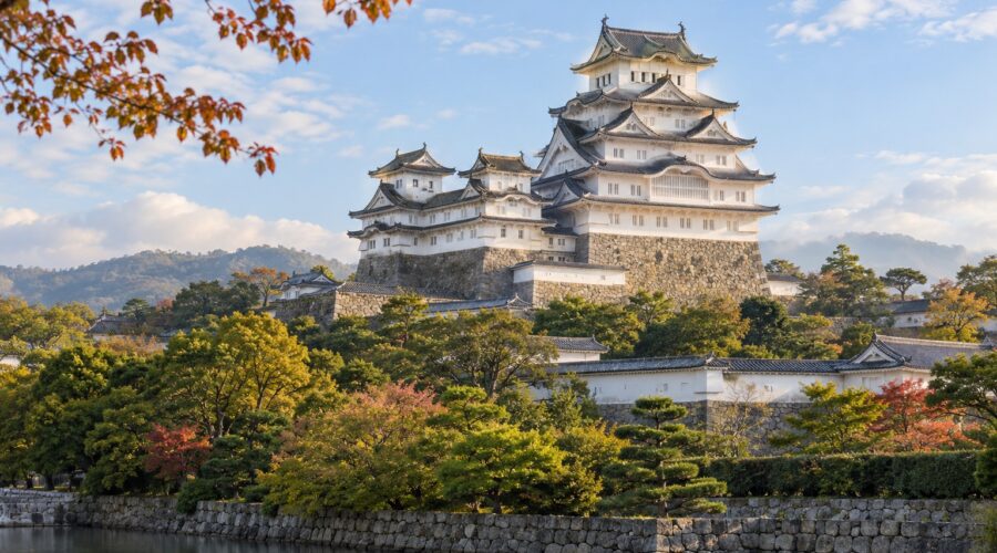 AI-generated illustration of a white Japanese castle with layered tiled roofs and stone walls, inspired by Himeji Castle in Hyogo.