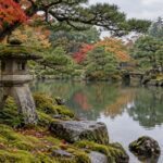 AI-generated illustration of a stone lantern, pond and autumn foliage, inspired by Japanese gardens in Kanazawa, Ishikawa.