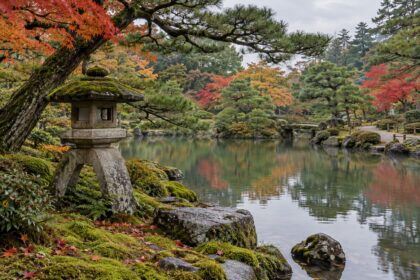 AI-generated illustration of a stone lantern, pond and autumn foliage, inspired by Japanese gardens in Kanazawa, Ishikawa.