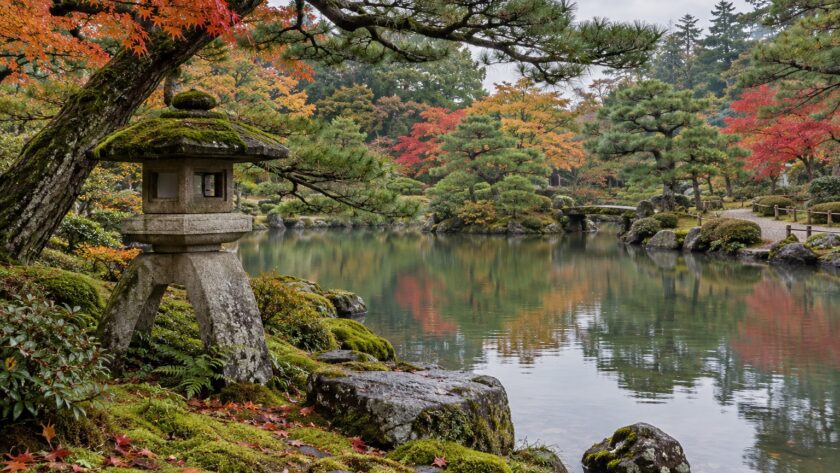 AI-generated illustration of a stone lantern, pond and autumn foliage, inspired by Japanese gardens in Kanazawa, Ishikawa.
