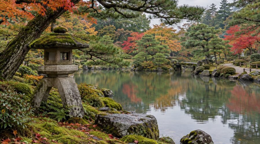 AI-generated illustration of a stone lantern, pond and autumn foliage, inspired by Japanese gardens in Kanazawa, Ishikawa.
