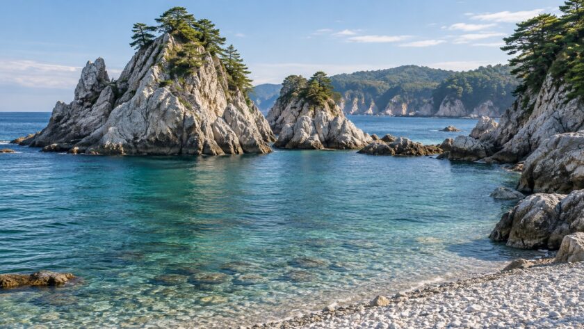 AI-generated illustration of pale coastal rocks, pine trees and blue water inspired by Jodogahama, Iwate.