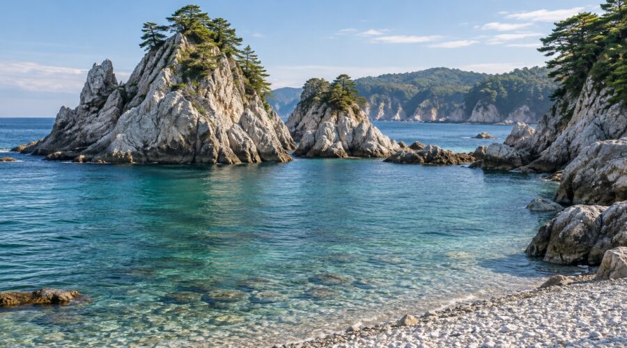 AI-generated illustration of pale coastal rocks, pine trees and blue water inspired by Jodogahama, Iwate.