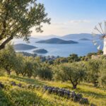 AI-generated illustration of olive trees and a white windmill above a blue island-dotted sea, inspired by Shodoshima in Kagawa.